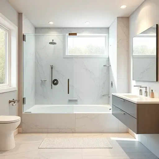 Contemporary Hampstead NC bathroom with walk-in shower, frameless glass doors, marble walls, brushed nickel fixtures, and elegant vanity
