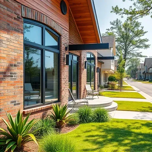 Modern home remodel in Leland NC features brick and wood exterior, large windows, manicured lawn, and cozy porch.