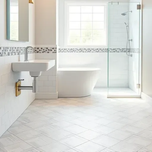 Finished bathroom floor with intricate ceramic tiles, modern fixtures, and natural light in Hampstead NC