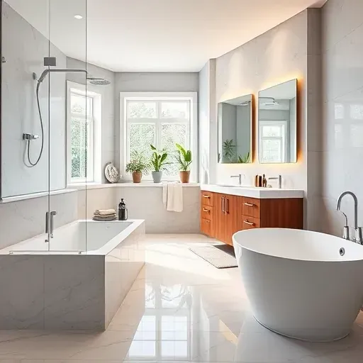 Luxurious bathroom remodel in Hampstead NC featuring modern fixtures, soaking tub, and stunning marble tiles.