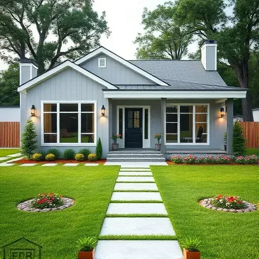 Home remodeling project in Castle Hayne NC featuring modern exterior design, vibrant landscaping, and elegant outdoor lighting.