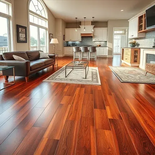 Elegant hardwood flooring in a spacious Hampstead NC interior with modern furniture and open-concept kitchen