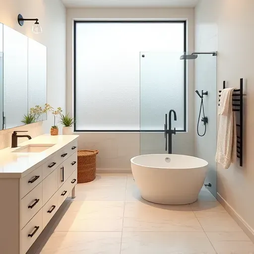 Modern luxurious bathroom in Hampstead NC with marble countertops, black fixtures, large mirror, and elegant shower.