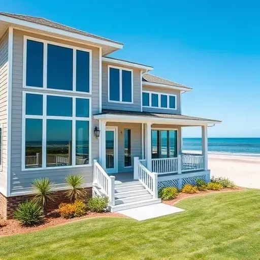 Coastal home remodeling in Figure Eight Island NC with modern design, large windows, and lush landscaping.