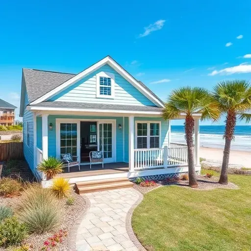 Charming coastal cottage in Kure Beach NC with light blue siding, porch, landscaping, and ocean view.