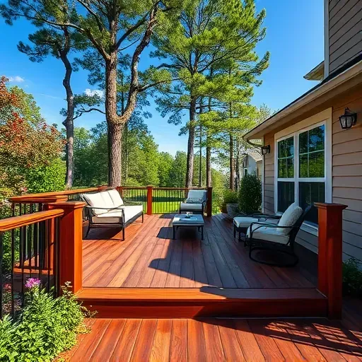 Beautiful finished deck in Hampstead NC with warm wood tones, lush landscaping, modern furniture, and serene outdoor ambiance
