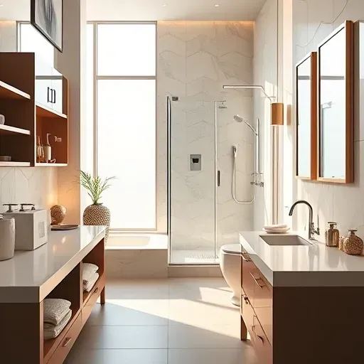 Beautiful renovated Hampstead bathroom with marble countertops glass shower chrome fixtures natural light neutral tiles and modern decor