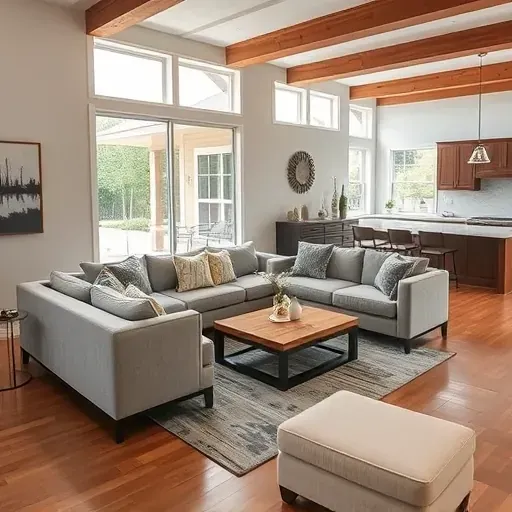 Spacious modern living room in Navassa, NC, featuring a sleek couch, large windows, and elegant décor.