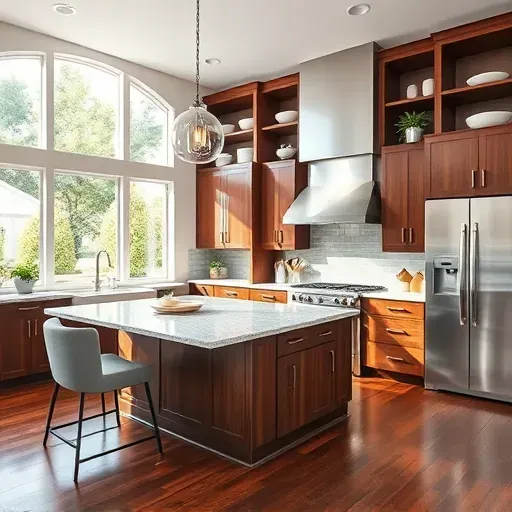 Modern kitchen remodel in Castle Hayne NC featuring high-end appliances, walnut cabinetry, and quartz countertops.