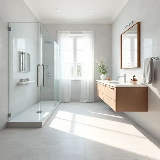 Modern bathroom remodel in Hampstead NC featuring large glass shower, floating vanity, and natural light with elegant decor.