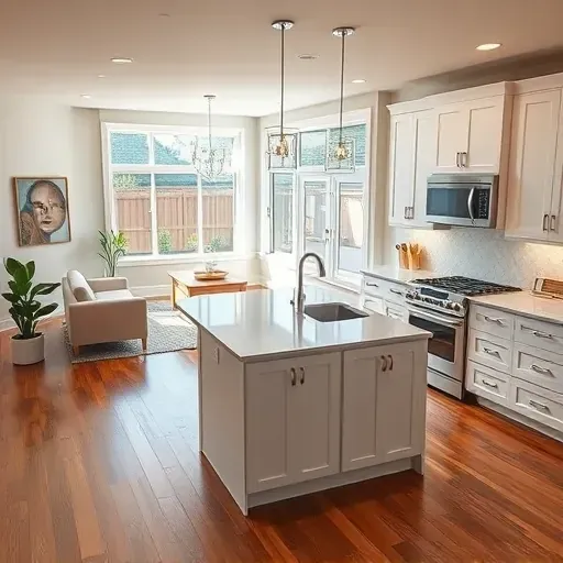 Stylish modern kitchen remodel in Masonboro NC with white cabinetry, quartz island, and stainless steel appliances.