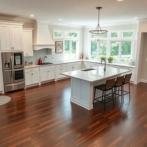 Elegant modern kitchen in Cape Fear River Estates with white cabinetry, stainless appliances, and polished granite island.