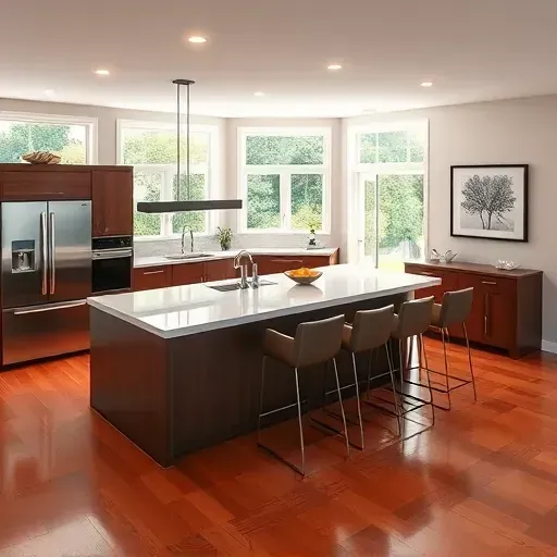 Modern kitchen remodel in Porters Neck NC features dark wood cabinetry, quartz countertops, and bright living area.
