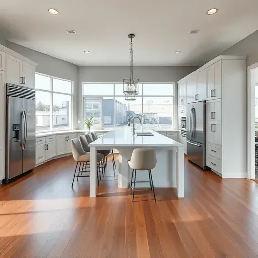 Modern kitchen remodel in Castle Hayne NC featuring stainless steel appliances, quartz countertops, and hardwood flooring.