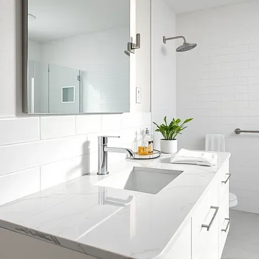 Renovated bathroom countertop in Hampstead NC featuring polished granite, modern chrome fixtures, and a bright clean design