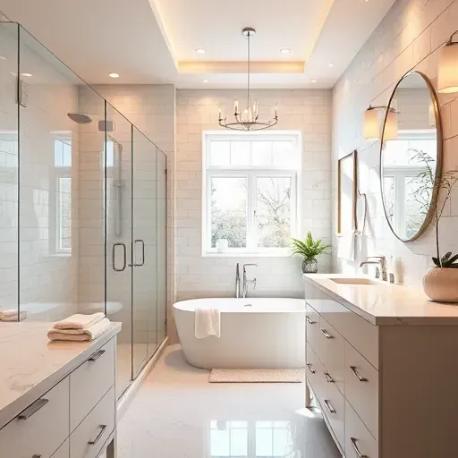 Remodeled bathroom in Hampstead NC with modern fixtures, marble countertops, walk-in shower, and freestanding tub.