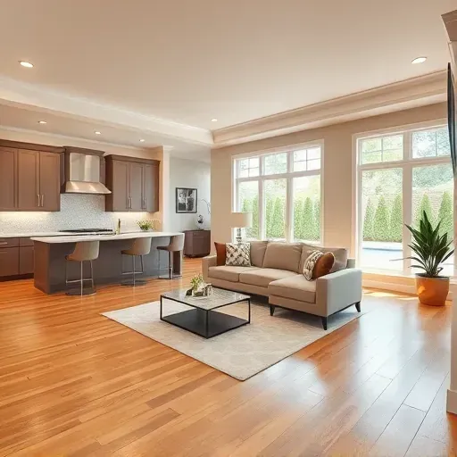 Modern open-concept living space in Burgaw NC features elegant hardwood floors, soothing colors, and a sleek kitchen.