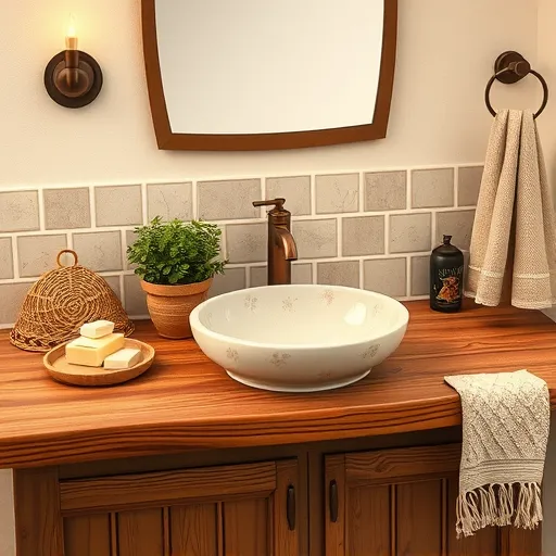 A whimsical bathroom scene featuring a handmade wooden countertop replacement rendered in the Arts and Crafts style. The sturdy, rustic countertop displays visible wood grain, complemented by a vintage-inspired glazed ceramic sink with delicate floral motifs. Surrounding it are artisanal soap bars in woven baskets, a lush potted plant with textured foliage, and a copper faucet with a subtle patina. In the background, a mosaic-inspired geometric tiled backsplash in natural tones extends into a cozy space illuminated by antique-style wall sconces emitting warm light. Charming details include a hand-painted toothbrush holder, a small ceramic garden gnome figurine among toiletries, and a handcrafted towel rack with a fringed woven towel. The scene's rich, earthy color palette of browns, muted greens, and soft creams emphasizes natural materials and craftsmanship, creating a warm, inviting atmosphere perfect for a DIY bathroom upgrade with vintage-modern charm.