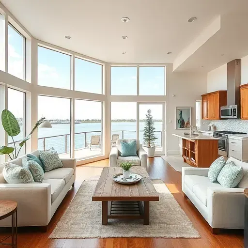 Elegant living room in Bluewater NC with coastal charm, neutral tones, plush furniture, and a serene waterfront view.