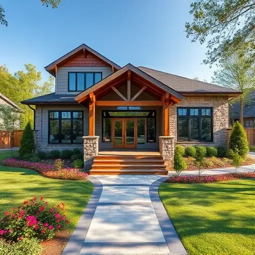 Contemporary home in Cape Fear River Estates featuring modern design, stone accents, lush landscaping, and clear sky.