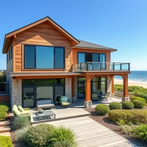 Completed home remodeling in Ogden Beach NC featuring modern design with wood and stone, energy-efficient windows, and lush landscaping.