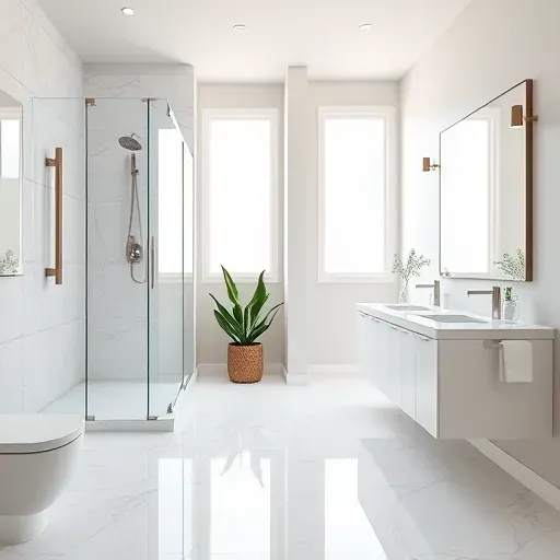 Recently renovated bathroom in Hampstead NC with modern design, marble flooring, walk-in shower, and elegant fixtures.
