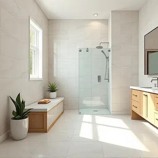 Elegant bathroom with glossy ceramic tiles, glass shower, chrome fixtures, marble bench, and modern fixtures in Hampstead NC
