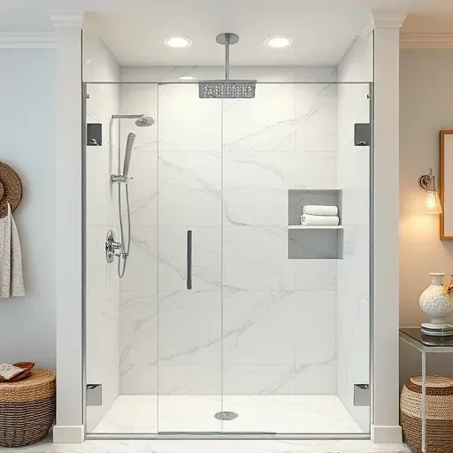 Modern Hampstead shower with glass doors, white marble tiles, rainfall showerhead, built-in niches, and coastal decor accents