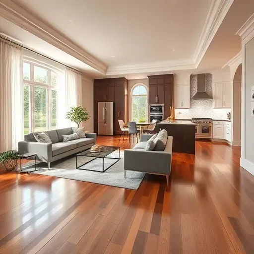 Modern living space in Rocky Point NC featuring open floor plan, hardwood floors, stylish furniture, and elegant kitchen.