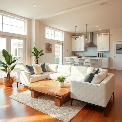 Renovated living room in Carolina Shores NC with natural light, hardwood floors, elegant decor, and modern kitchen.