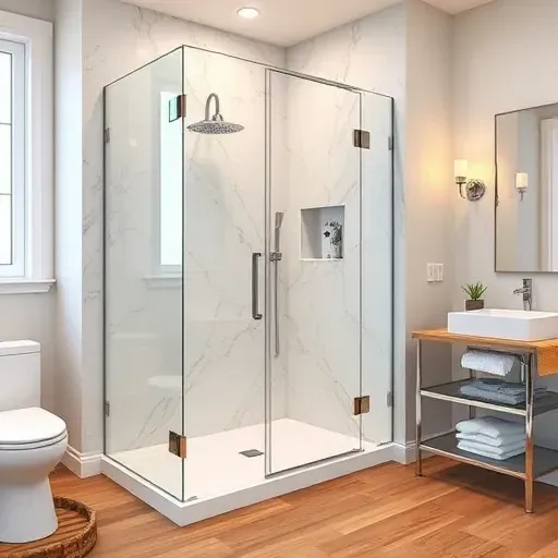Remodeled Hampstead NC bathroom with glass shower, chrome fixtures, marble tiles, modern vanity, and warm lighting