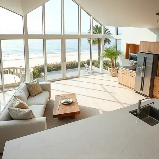 Coastal modern home remodel in Wrightsville Beach NC with bright open space and lush tropical garden views.