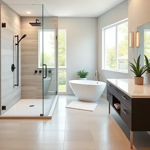 Modern bathroom remodel in Hampstead NC featuring sleek design, walk-in shower, freestanding tub, and natural light.