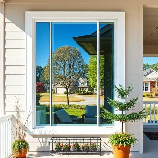 Beautiful modern window installation in Hampstead NC with sleek glass, seamless frames, lush greenery, and a well-kept porch