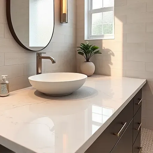 Freshly installed polished marble bathroom countertop in Hampstead NC with sleek design, elegant fixtures, and natural lighting