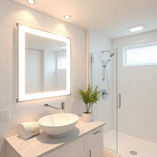 Newly completed modern bathroom in Hampstead NC with sleek design, recessed lighting, glossy tiles, granite countertop, and frosted glass shower