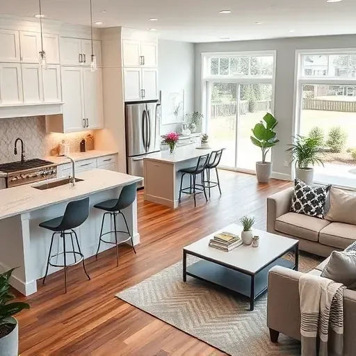 Modern kitchen remodel in Belville NC featuring stainless steel appliances, white cabinetry, marble island, and cozy living area.
