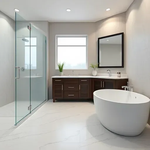 Renovated luxury bathroom in Hampstead NC features marble tiles, glass shower, freestanding tub, and modern vanity.