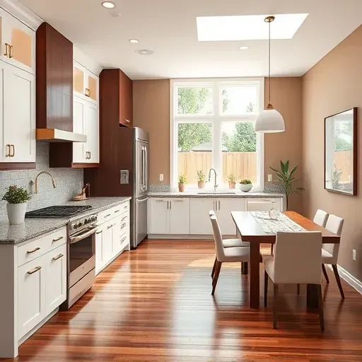 Renovated kitchen in Navassa NC with granite countertops, modern appliances, and stylish dining area decor.