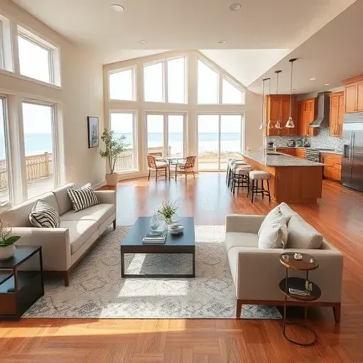 Spacious living room in Rocky Point NC with open layout, modern decor, natural light, and inviting kitchen backdrop.