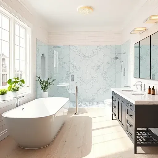 Modern remodeled bathroom in Hampstead NC featuring freestanding tub, walk-in shower, double vanity, and natural lighting.