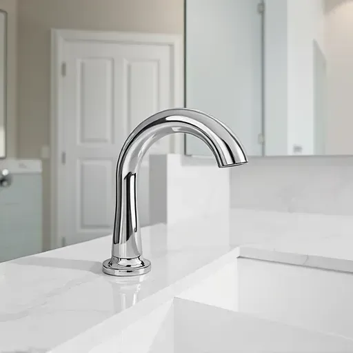 Recently installed chrome bathroom faucet on marble vanity with tiled walls and large mirror in a bright, modern Hampstead bathroom