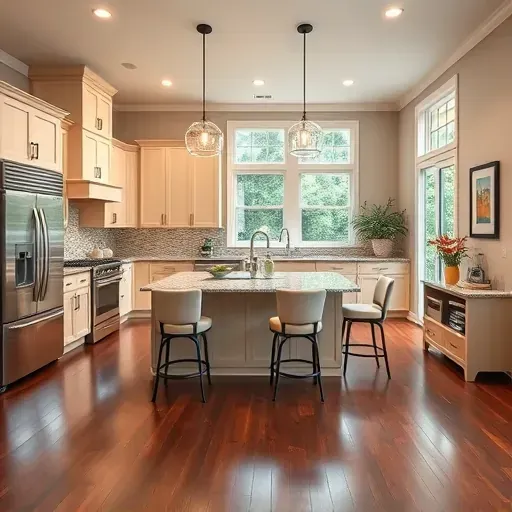 Modern kitchen remodel in Cape Fear NC with stainless steel appliances, granite countertops, and natural light.