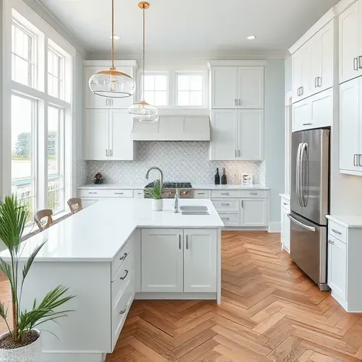 Coastal-inspired kitchen remodel in Figure Eight Island NC features modern design, quartz island, and natural light.