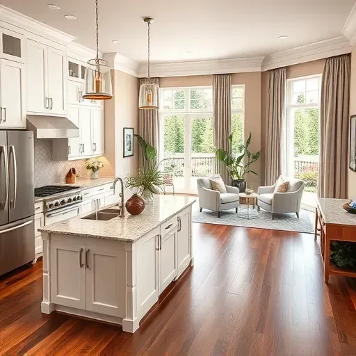 Completed home remodeling in Wilmington NC featuring a modern kitchen, elegant living space, and landscaped outdoor view.