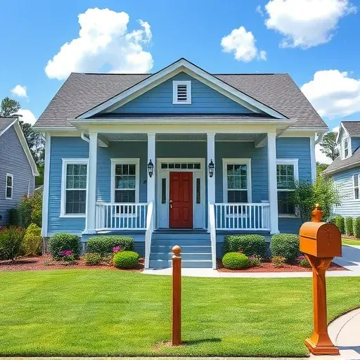Completed home remodeling in Leland, NC, showcasing soft blue siding, white trim, charming porch, and vibrant landscaping.