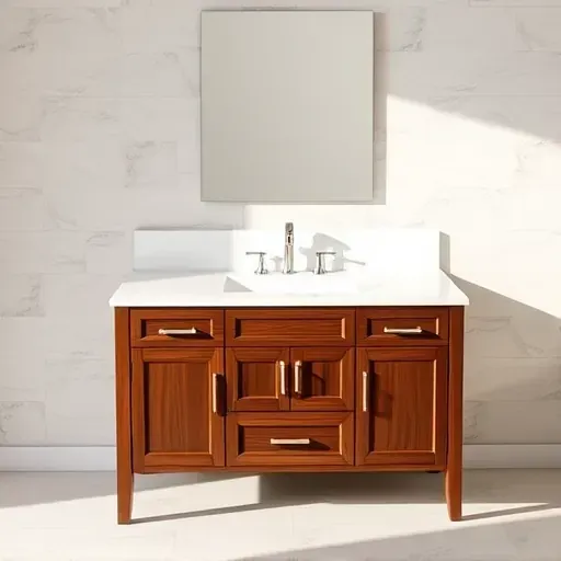 Newly installed Hampstead bathroom vanity with marble top, porcelain sink, dark wood cabinets, and tiled accent wall