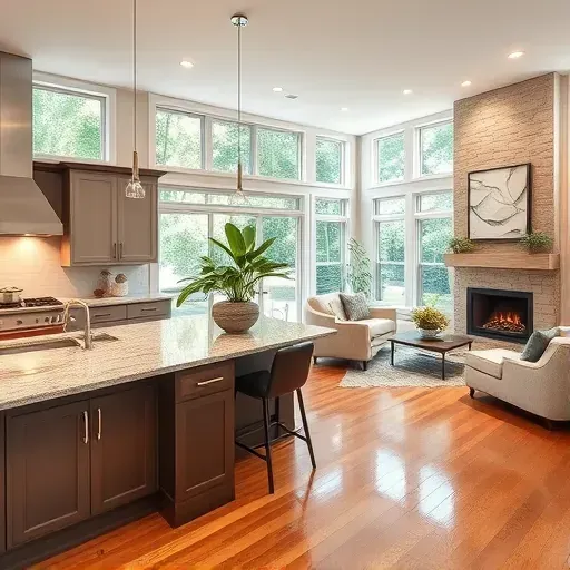 Modern kitchen remodel in RiverLights NC with granite counters, stainless steel appliances, and open-plan living space.