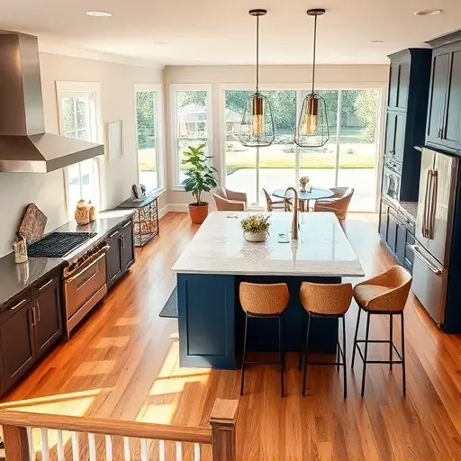 Modern kitchen remodel in RiverLights NC, featuring blue cabinetry, quartz countertops, and natural light-filled decor.