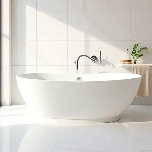 Newly installed high-end white bathtub in modern bathroom with sleek fixtures, neutral tiled walls, polished floors, and minimalist decor